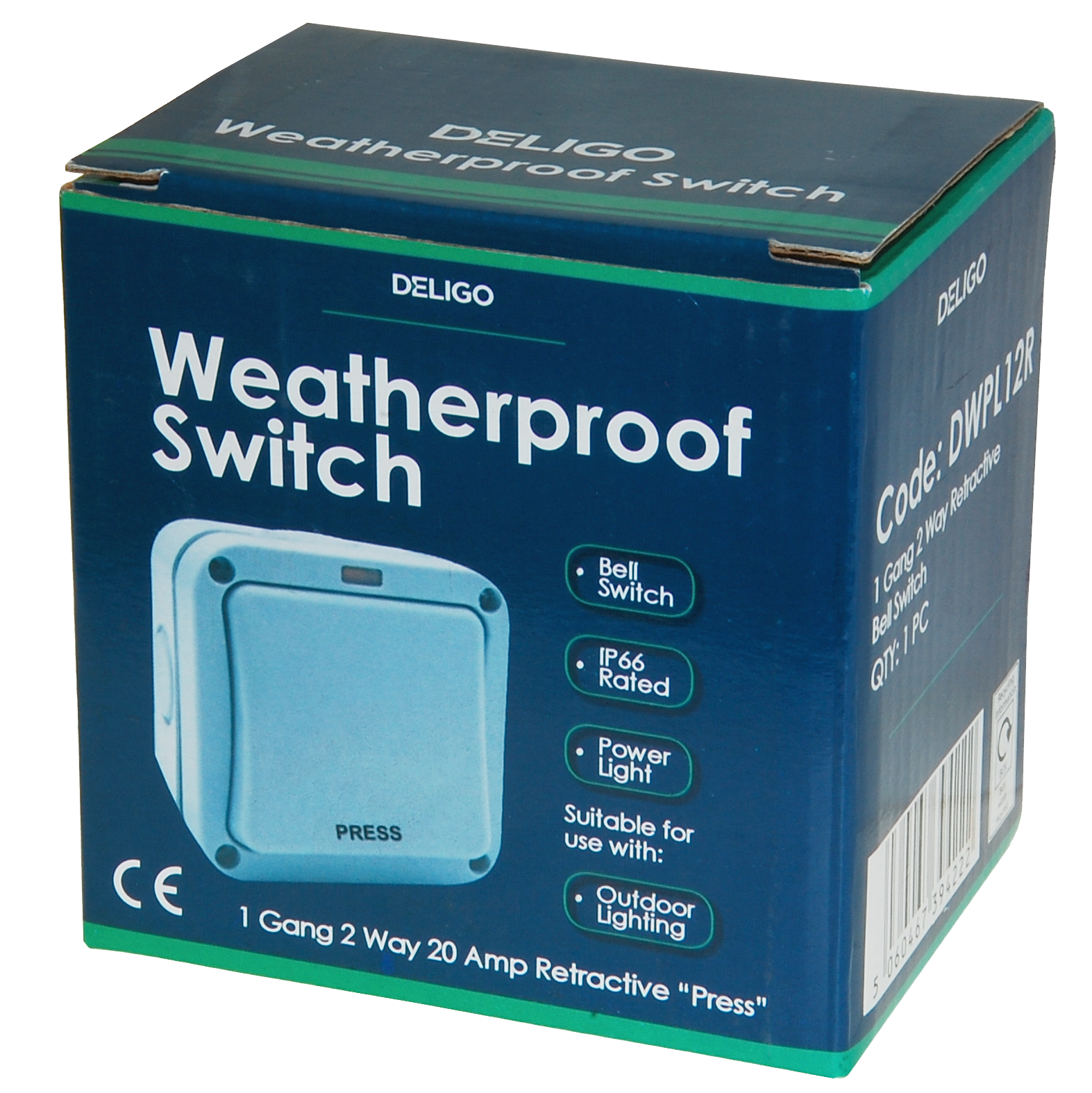 Deligo DWPL12R Weatherproof Outdoor Garden 1 Gang 20 Amp Retractive Press Switch 