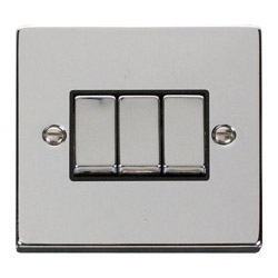 Deco 10 Amp 3 Gang Light Switch - Polished Chrome Black Insert