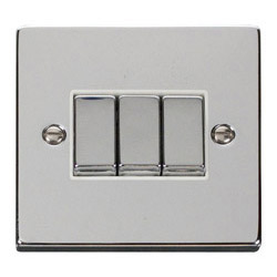 Deco 10 Amp 3 gang Light Switch - Polished Chrome White Insert