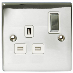 Deco 13 Amp Single DP Plug Socket Polished Chrome White Insert