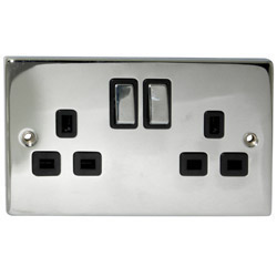 Deco 13 Amp Double DP Plug Socket Polished Chrome Black Insert