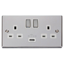 Deco 13 Amp Double Socket with USB Charger Polished Chrome White Insert