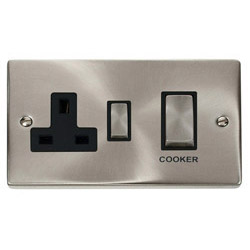 Deco 45 Amp DP Cooker Switch & 1G Socket Satin Chrome Black Ins