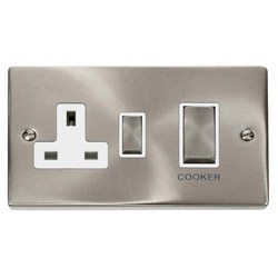 Deco 45 Amp DP Cooker Switch & 1G Socket Satin Chrome White Ins