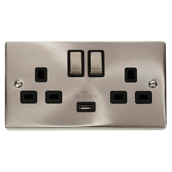 Deco 13 amp Double Socket with USB Charger in Satin Chrome Black Insert