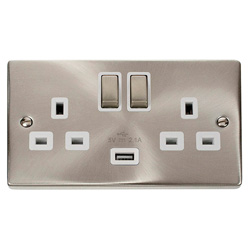Deco 13 amp Double Socket with USB Charger in Satin Chrome White Insert