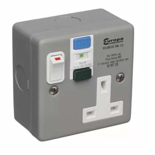 Europa Metal Clad RCD 13 Amp 1G Socket Switched